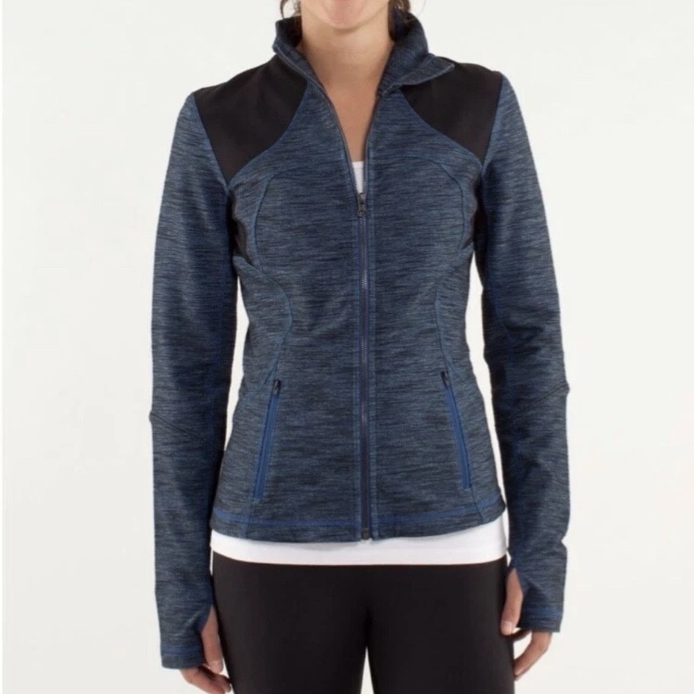 LULULEMON FORME JACKET IN SLUB DENIM BLUE/BLACK SIZE 8 Full‎ Zip Mock Neck
